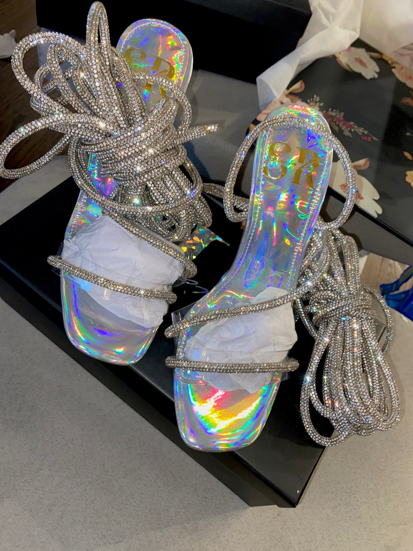 Holographic Crystal Lace up heel