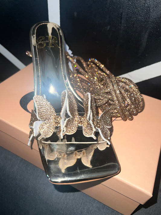 Golden Crystal Butterfly Heels