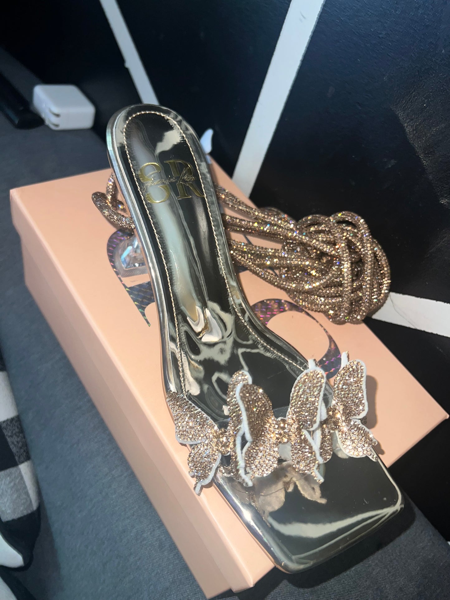 Golden Crystal Butterfly Heels